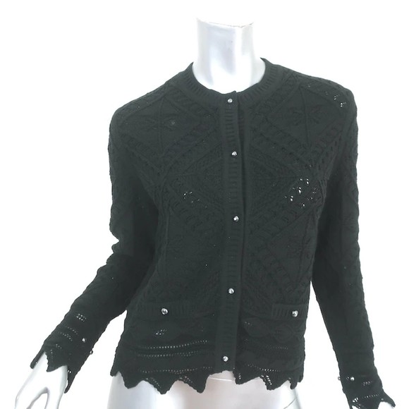 CHANEL Sweaters - Chanel Cardigan Black Cable Knit Cotton Size 40 Crewneck Sweater